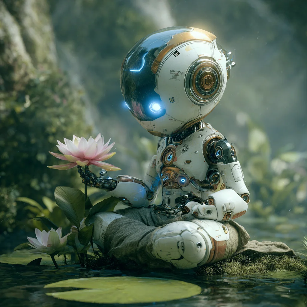 Lotus robot meditating by water